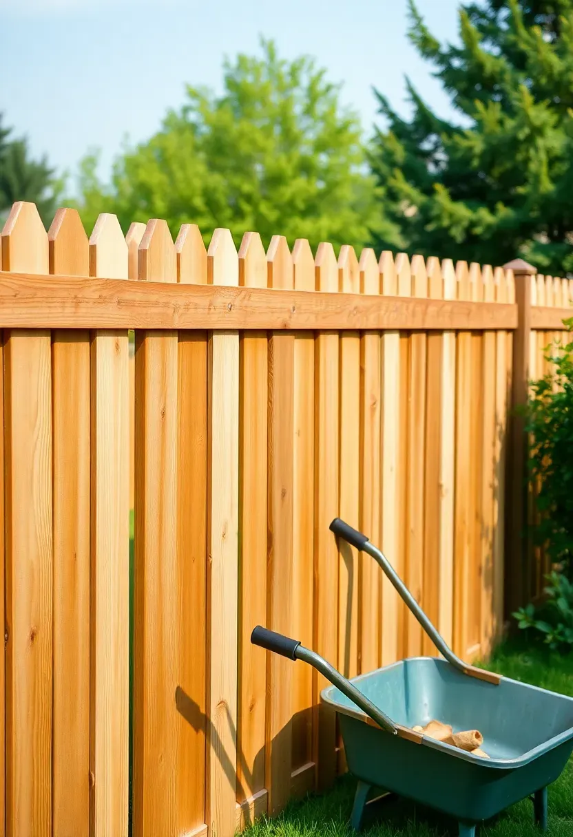 Classic stockade fence with pointed picket tops and a flat cap rail running along the top edge in a green backyard
