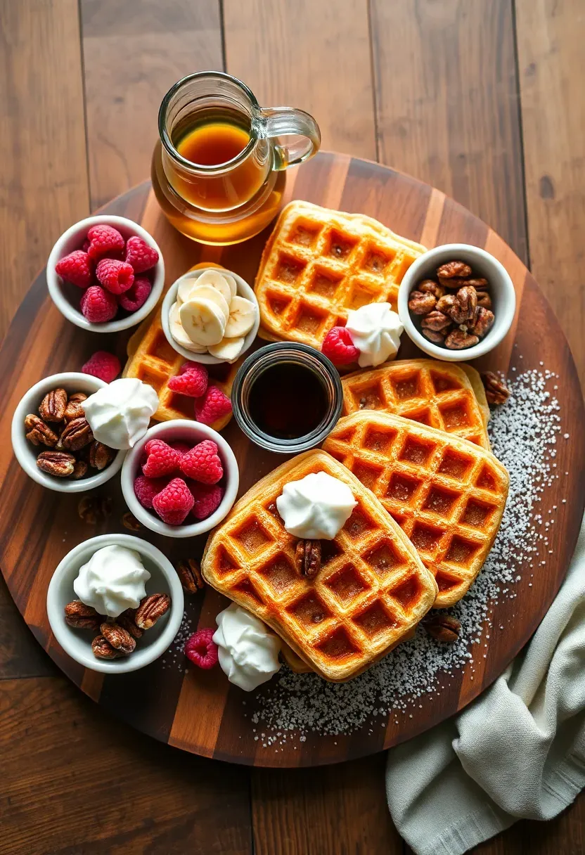 brunch waffle board for a baby shower with golden waffles arranged on a large board surrounded by fresh berries, whipped cream, maple syrup, chocolate chips, and powdered sugar
