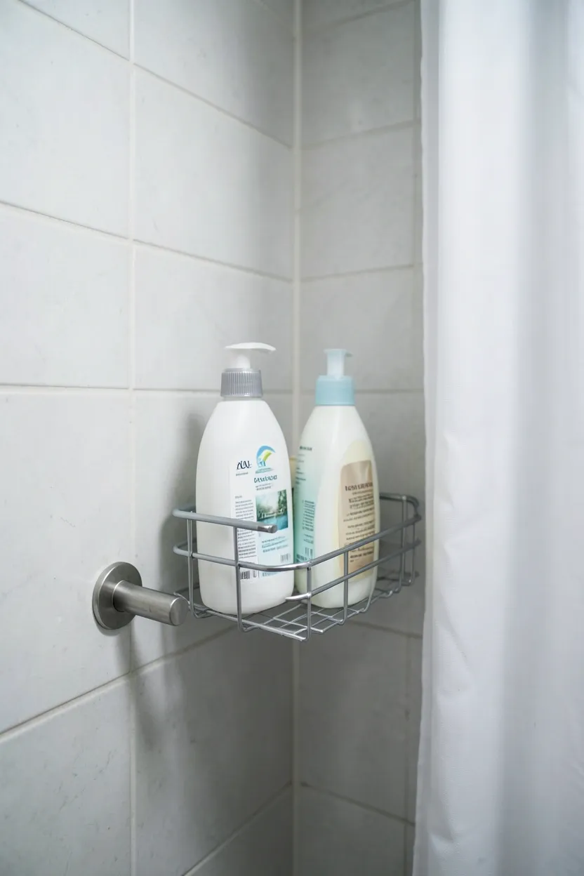 Tension rod shelf with wire baskets inside a rental apartment shower — no-drill bathroom storage solution