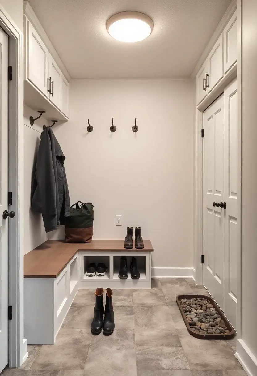 Basement mudroom entry from attached garage with built-in bench, coat hooks, shoe cubbies, and tile flooring
