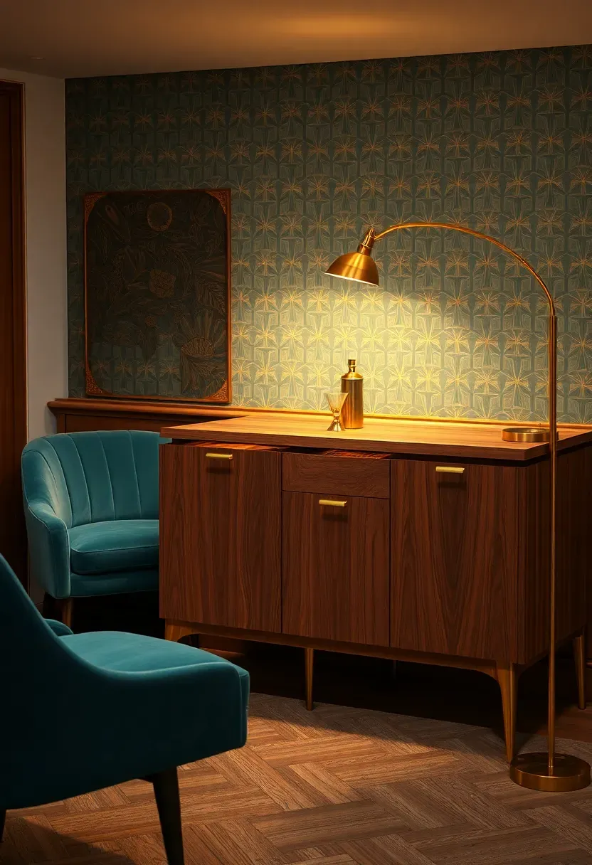 mid-century modern basement cocktail lounge with walnut bar cabinet brass accents teal upholstered seating and geometric wallpaper