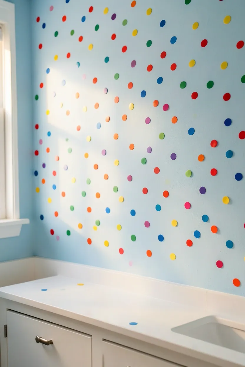 Confetti-style wall decals in multicolor polka dots and stars scattered on a white bathroom wall
