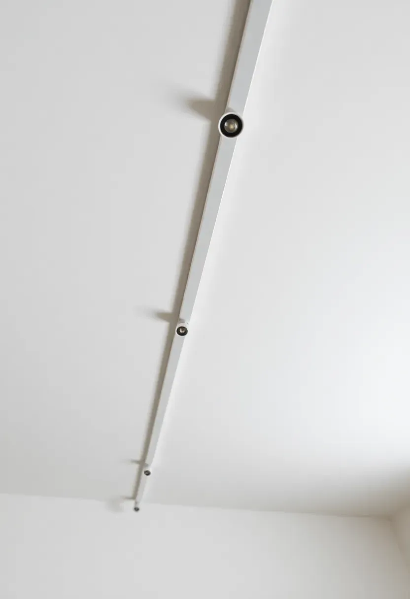 Hyper-realistic wide view from below of minimalist living room ceiling showing magnetic track lighting system. Ultra-slim white track approximately 0.5 inches high mounted flush to ceiling running room length. Three small cylindrical spot fixtures magnetically attached at various positions along track. Minimal visible mounting hardware. White ceiling blending with track. Spot heads aimed in different directions. Materials: painted metal track, magnetic LED fixtures. Contemporary minimal appearance. Shallow depth of field, sharp details on track slimness and fixture attachment. No text, no logos, no watermarks.</p>
