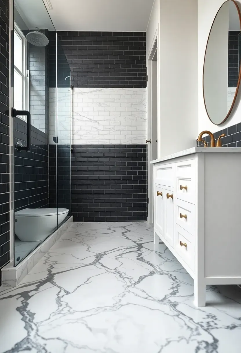 White marble floor with black veining contrasted against matte black wall tiles — luxury black and white bathroom design