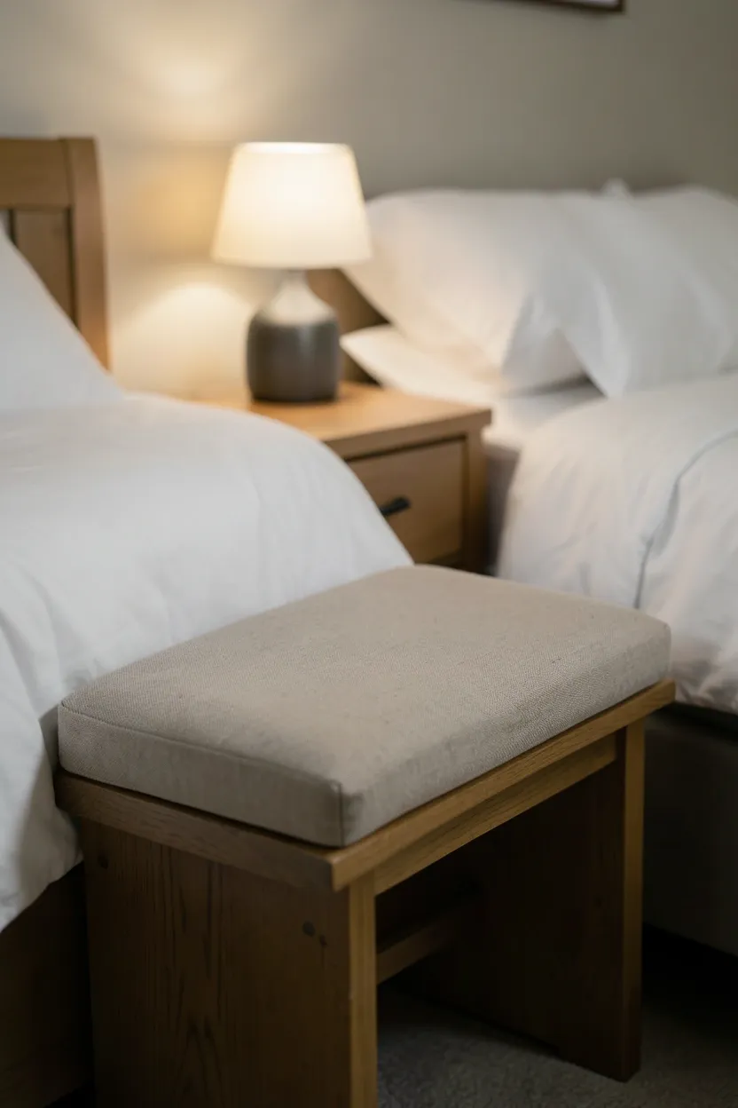 Low upholstered bench with storage drawers positioned alongside a bed with a small table lamp on the nightstand — renter-friendly bedroom reading bench idea