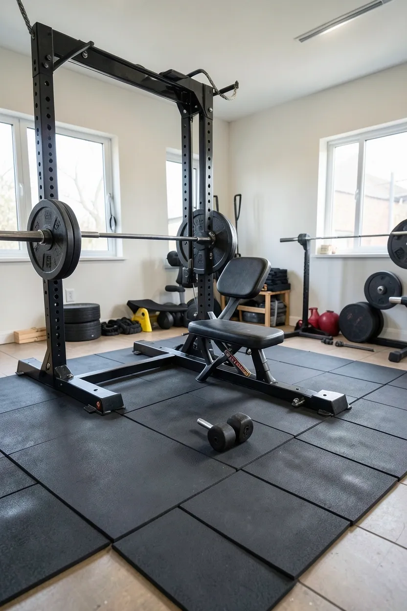 Black rubber horse stall mats laid under a barbell and squat rack in an affordable home gym setup