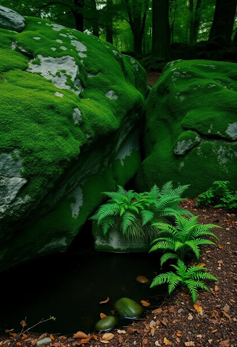 Moss-covered boulder pond with dark water, thick green moss on rocks, ferns growing from crevices, shaded woodland garden