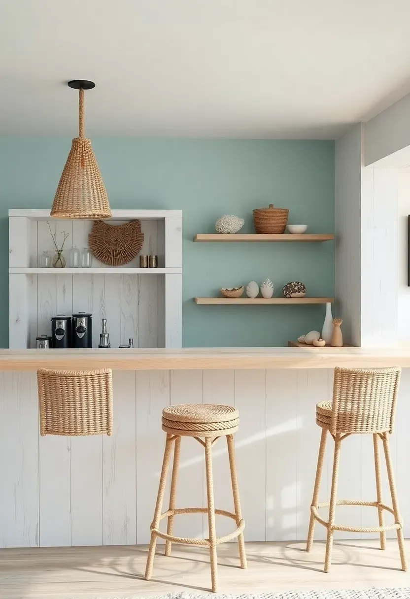 coastal beach house basement bar with whitewashed wood light blue accents rope details and nautical decor