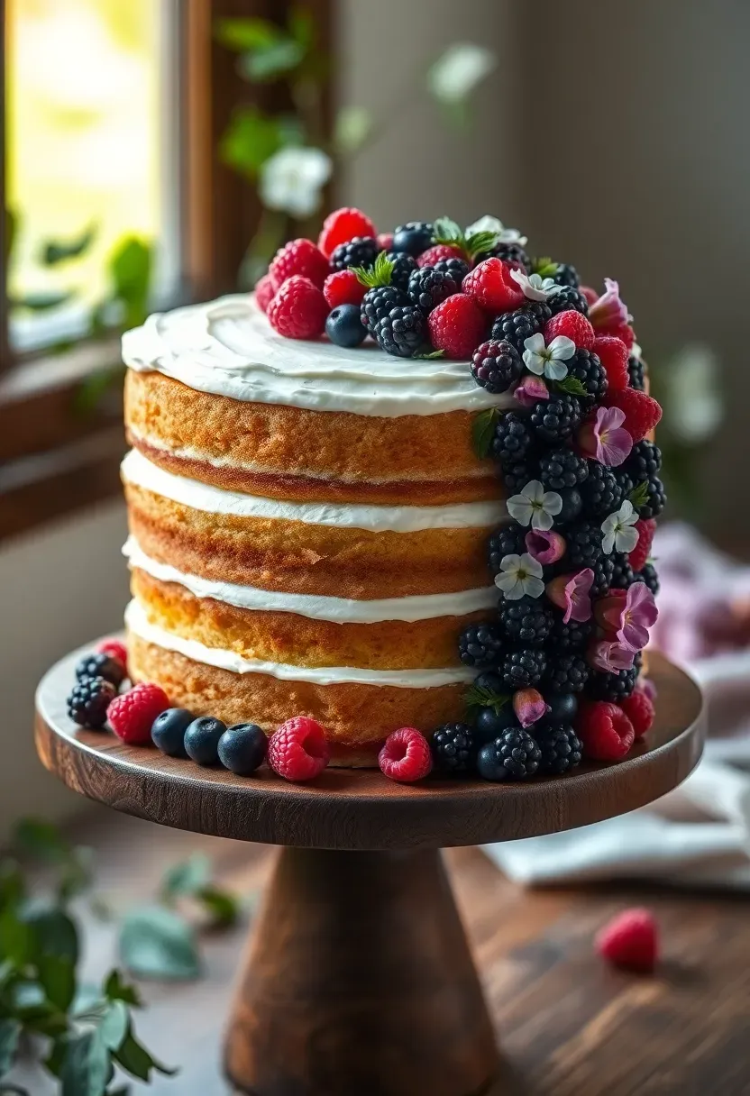 rustic naked layer cake with three visible sponge layers minimal frosting fresh flowers and berries cascading down one side on a wooden cake stand