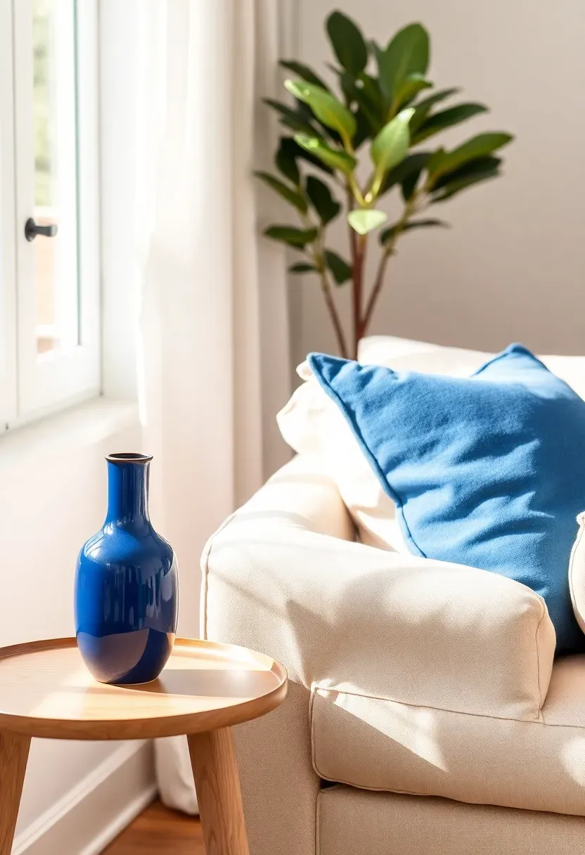 Side table with blue ceramic vase echoing the blue throw pillow on a nearby sofa