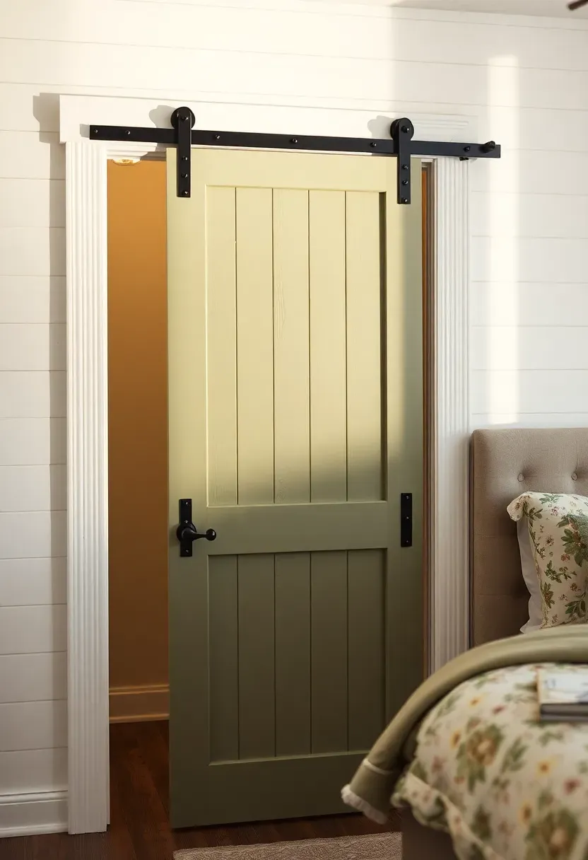 Board and batten barn door painted in matte sage green with vertical planks and horizontal battens covering a closet in a farmhouse bedroom
