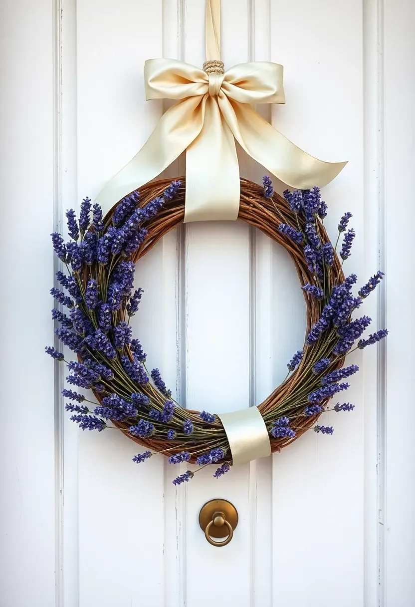 Dried lavender door wreath tied with a cream satin ribbon hanging on a weathered white wooden front door