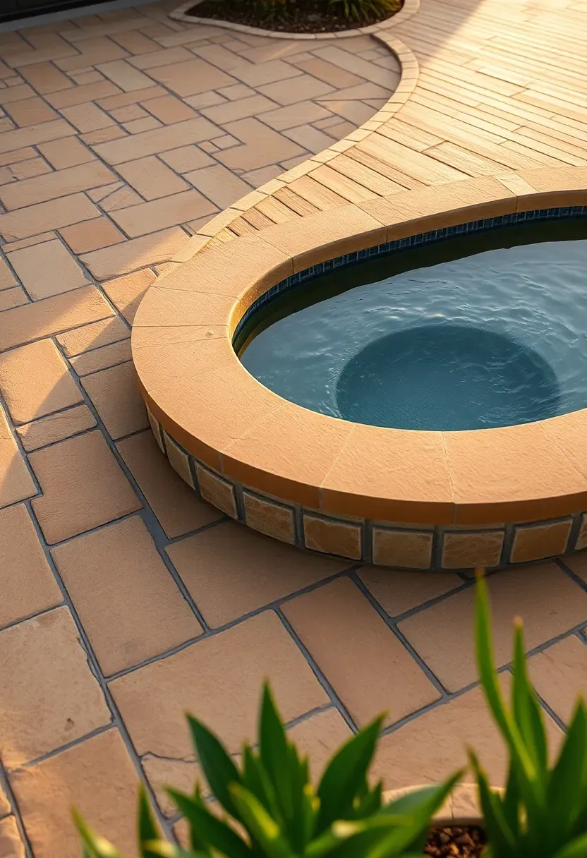 A swim spa platform combining natural flagstone pavers with timber deck sections in an organic curved layout