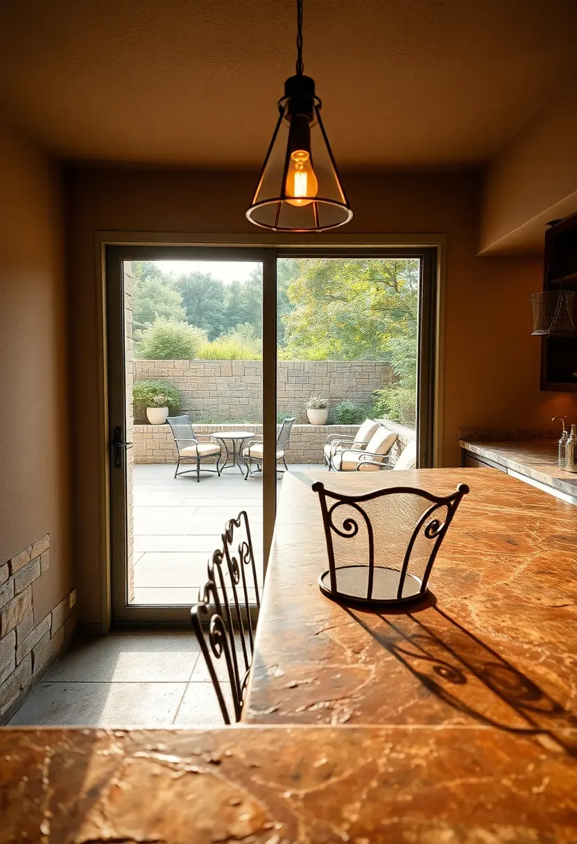 Basement walkout bar with an open sliding glass door connecting to a patio, stone countertop extending partially outdoors, and bar stools on both sides