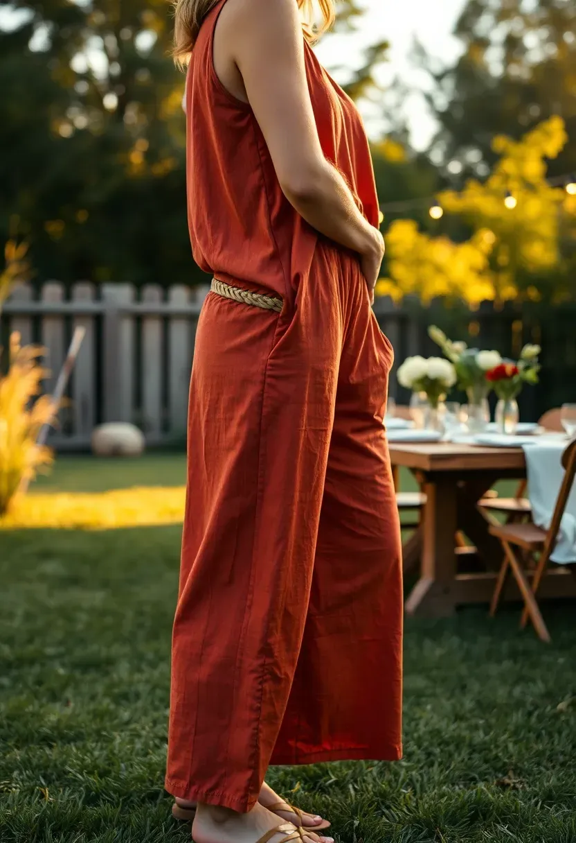 woman in a rust-colored linen romper with a braided belt standing in a decorated backyard for a casual baby shower