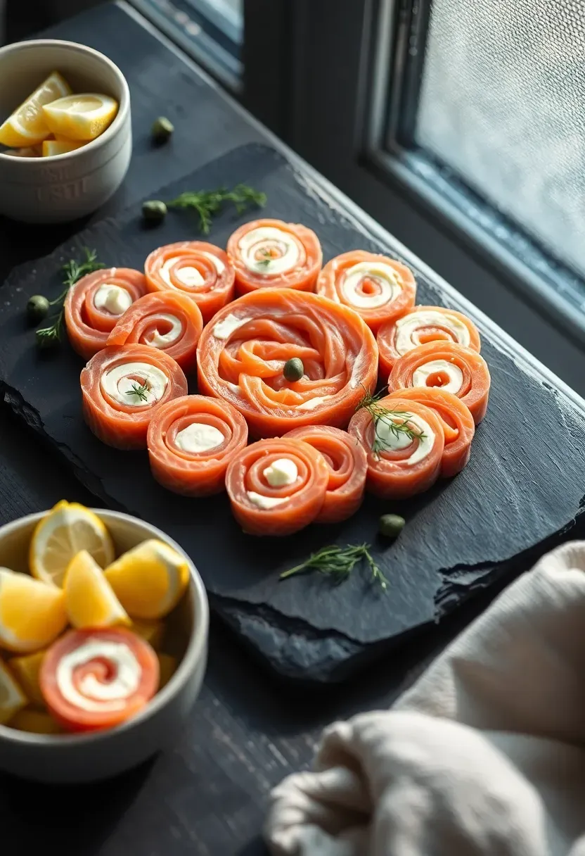 smoked salmon cream cheese pinwheels sliced into spirals arranged in concentric circles on a slate board with capers and dill
