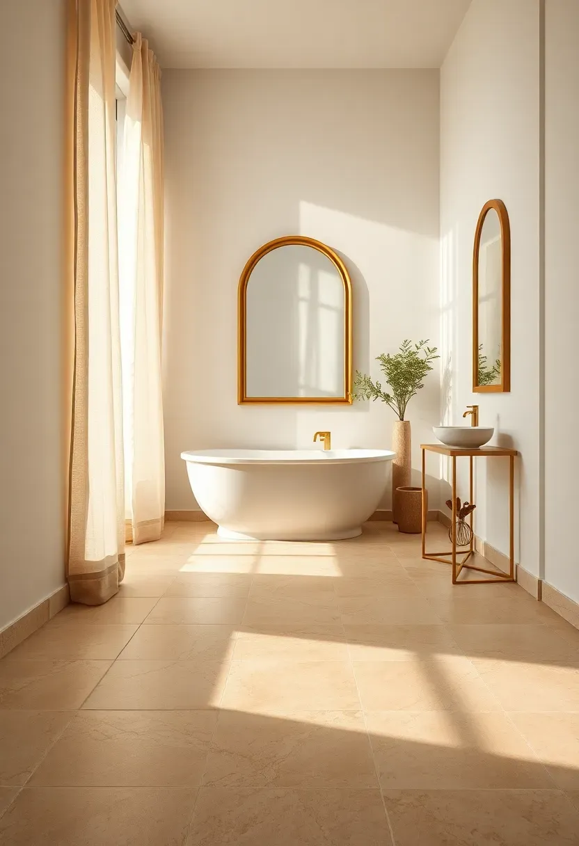 Limestone floor tiles in a warm beige cream tone in a spacious bathroom with arched mirror and linen curtains