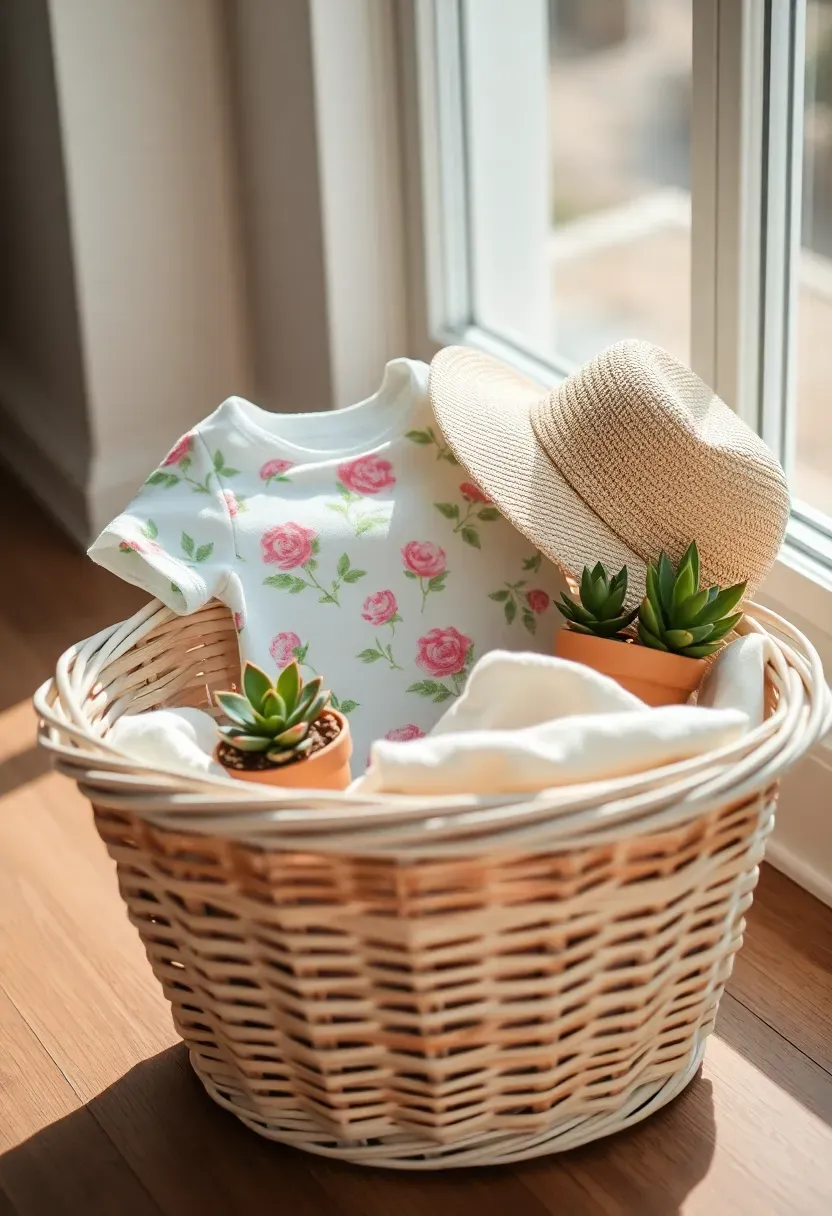 seasonal spring baby welcome gift basket with floral onesie sun hat lightweight blanket and a small potted plant in a pastel wicker basket