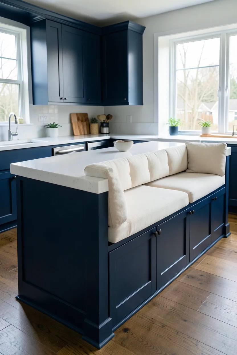 Blue Kitchen Island with Built-in Seating