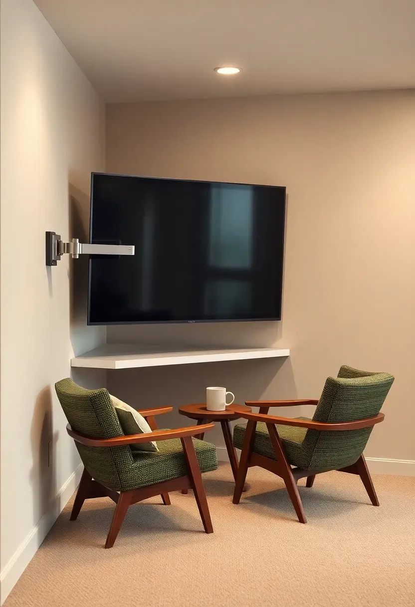 Corner-mounted tv in a basement with an angled floating console beneath it, two armchairs arranged at 45 degrees to the corner, and a small round side table between them