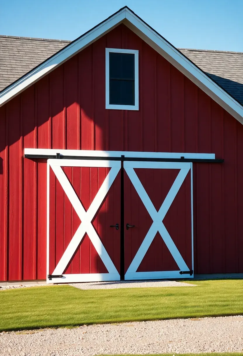 A large gambrel barn-style shed with red-painted wood siding, white X-pattern barn doors, and a hay loft opening above