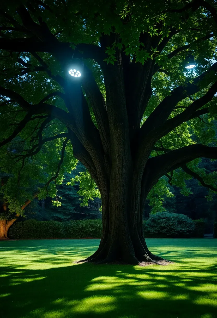 A large oak tree at night with downward-facing lights mounted high in the canopy casting dappled moonlight shadows on the lawn below