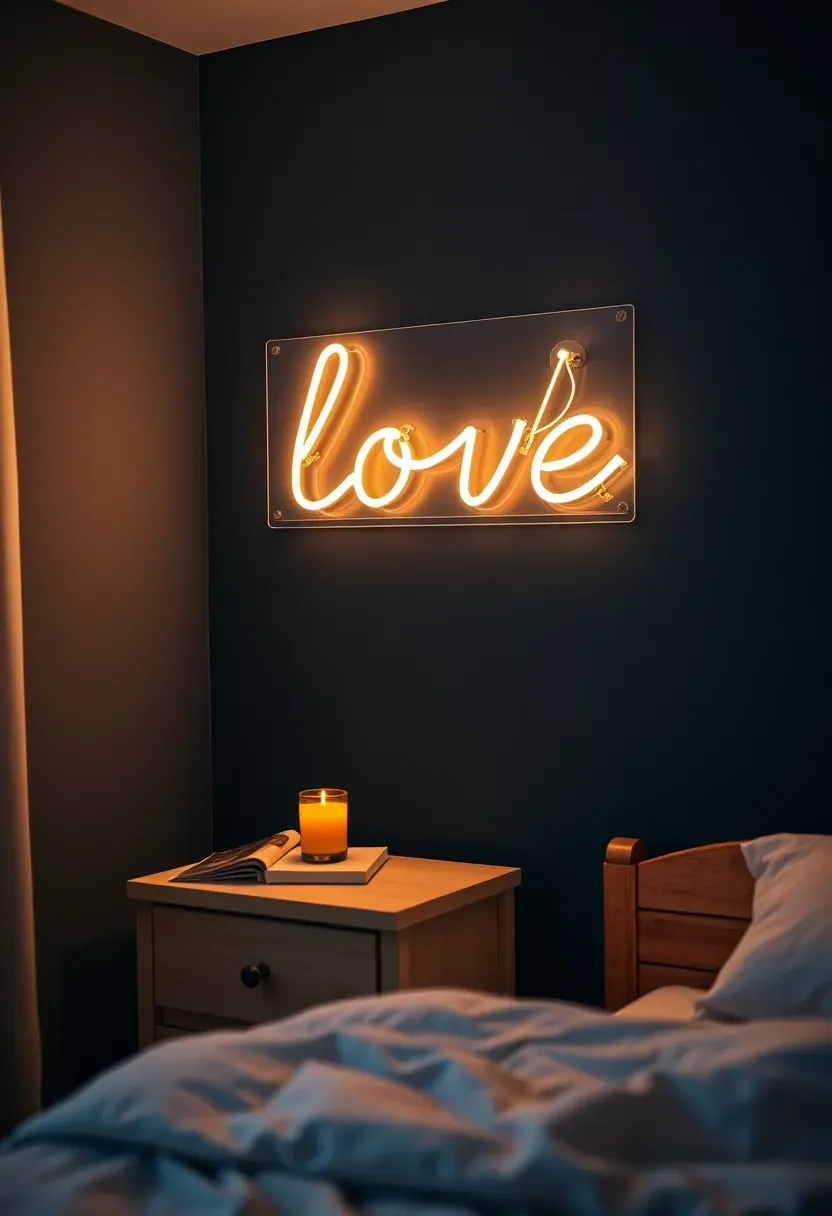 Cozy bedroom corner with a warm white neon sign spelling an inspirational word mounted on a dark navy accent wall above a nightstand