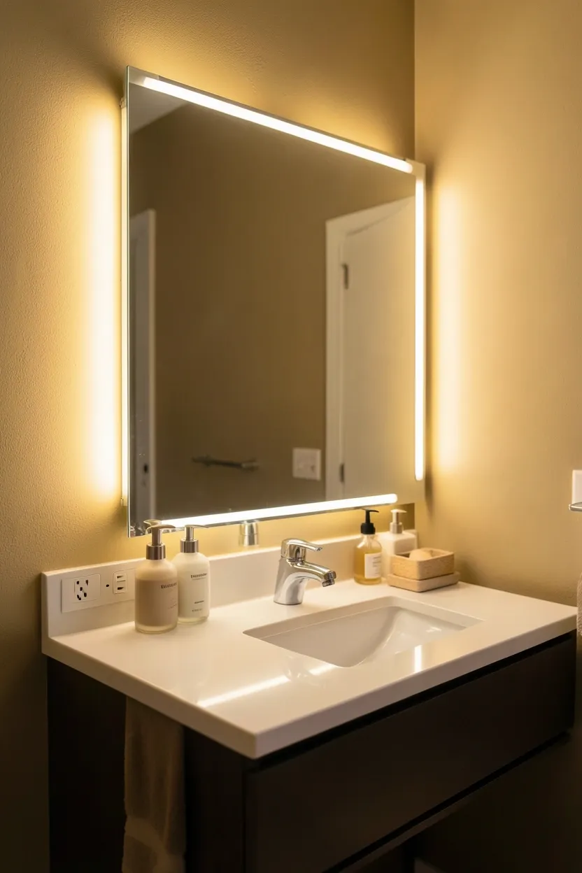 Heavyweight linen shower curtain in warm beige hung with chrome rings in a small apartment bathroom for a spa-like look