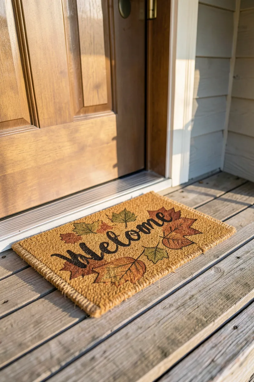 Hyper-realistic eye-level photograph of a fall front porch featuring a layered doormat display with a large autumn leaf design coir mat underneath a smaller personalized 