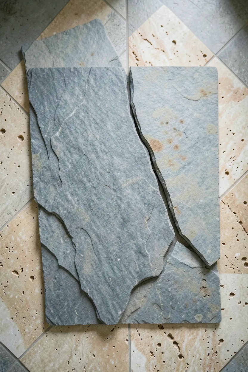 Natural slate stone bath mat with cool gray tones and visible cleft texture placed on a wood bathroom floor