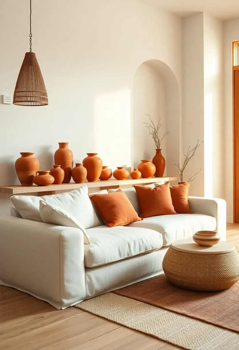 Hyper-realistic 3/4 view of minimalist living room with terracotta accents. Cream linen sofa with rust throw pillows, collection of terracotta vases on white oak shelf, clay pendant lights. Materials: unglazed terracotta with natural variation, linen upholstery, white oak wood, matte walls. Warm golden hour light entering from right, terracotta glowing in sunlight. Organic modern mood with neutral base and warm accents. Shallow depth of field, sharp details on terracotta texture, minimalist styling, visible architectural niche.</p>