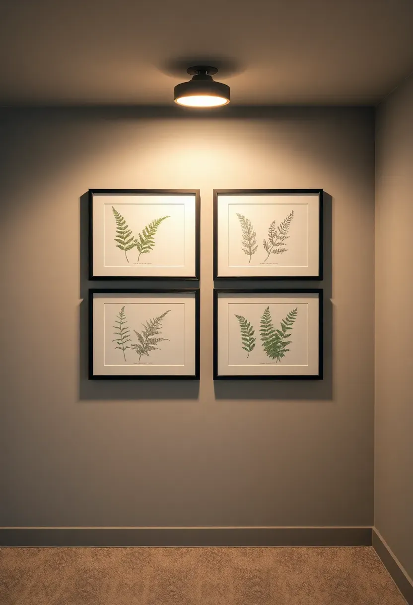 Four framed botanical illustration prints in matching black frames arranged in a grid on a soft gray basement wall