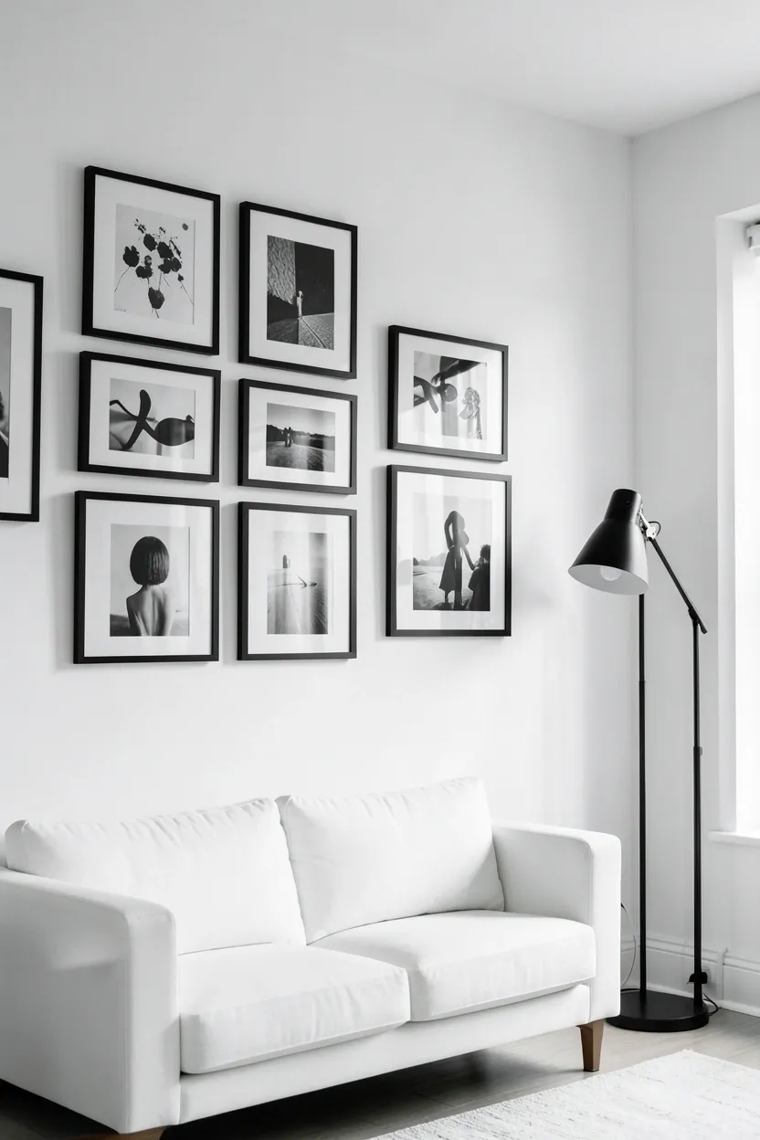 Minimalist black-framed gallery wall with black and white photography and abstract prints arranged symmetrically in a white living room