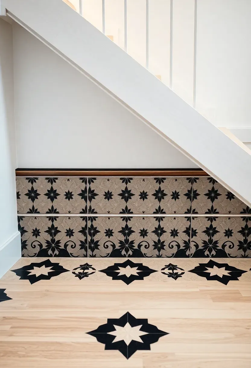 Bold patterned cement tile accent floor in a basement entryway with geometric black and white design and surrounding neutral walls
