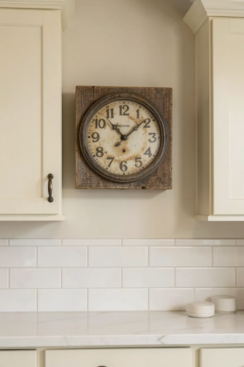Large distressed wood vintage clock with aged metal numerals mounted on a farmhouse kitchen wall