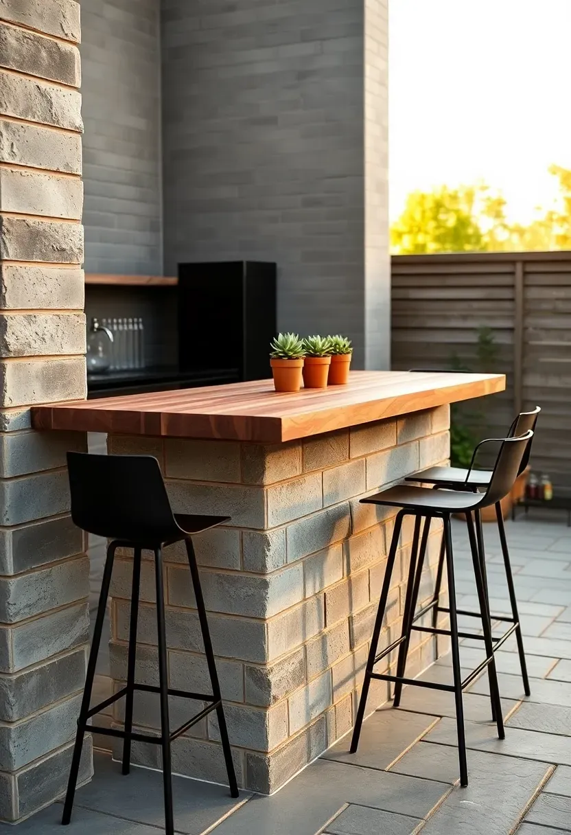 Stacked concrete block outdoor bar counter with a polished wood top, modern bar stools, and potted succulents on a patio