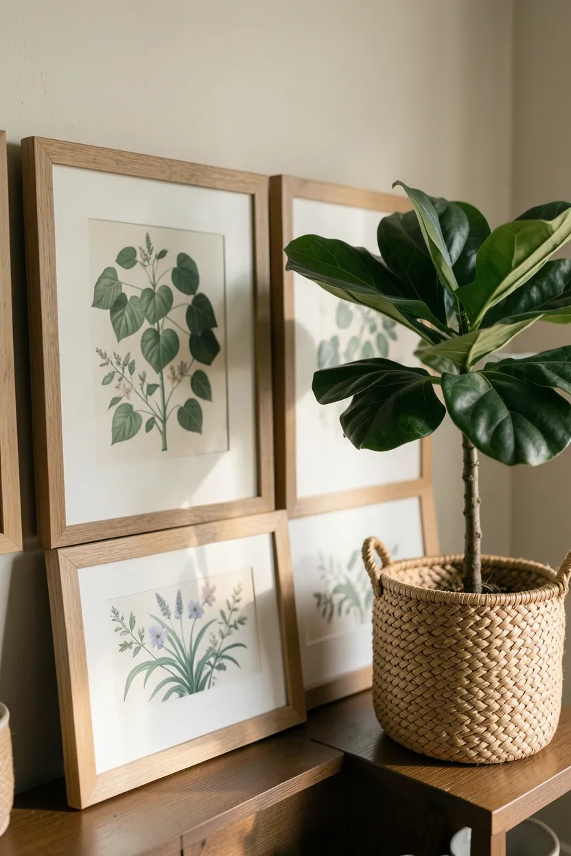 Vintage botanical prints in distressed wood frames alongside potted fiddle leaf fig in farmhouse living room