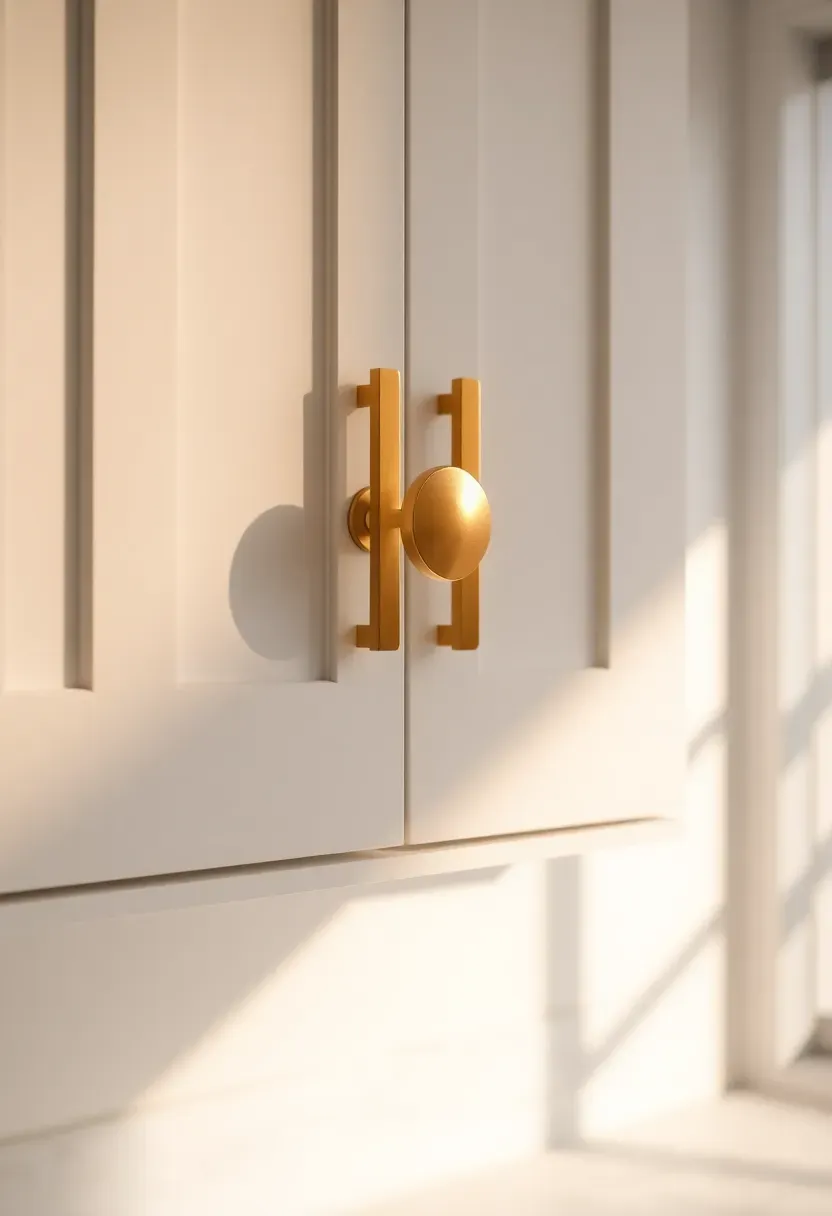 brushed brass cabinet handles and knobs on white kitchen cabinets close-up detail