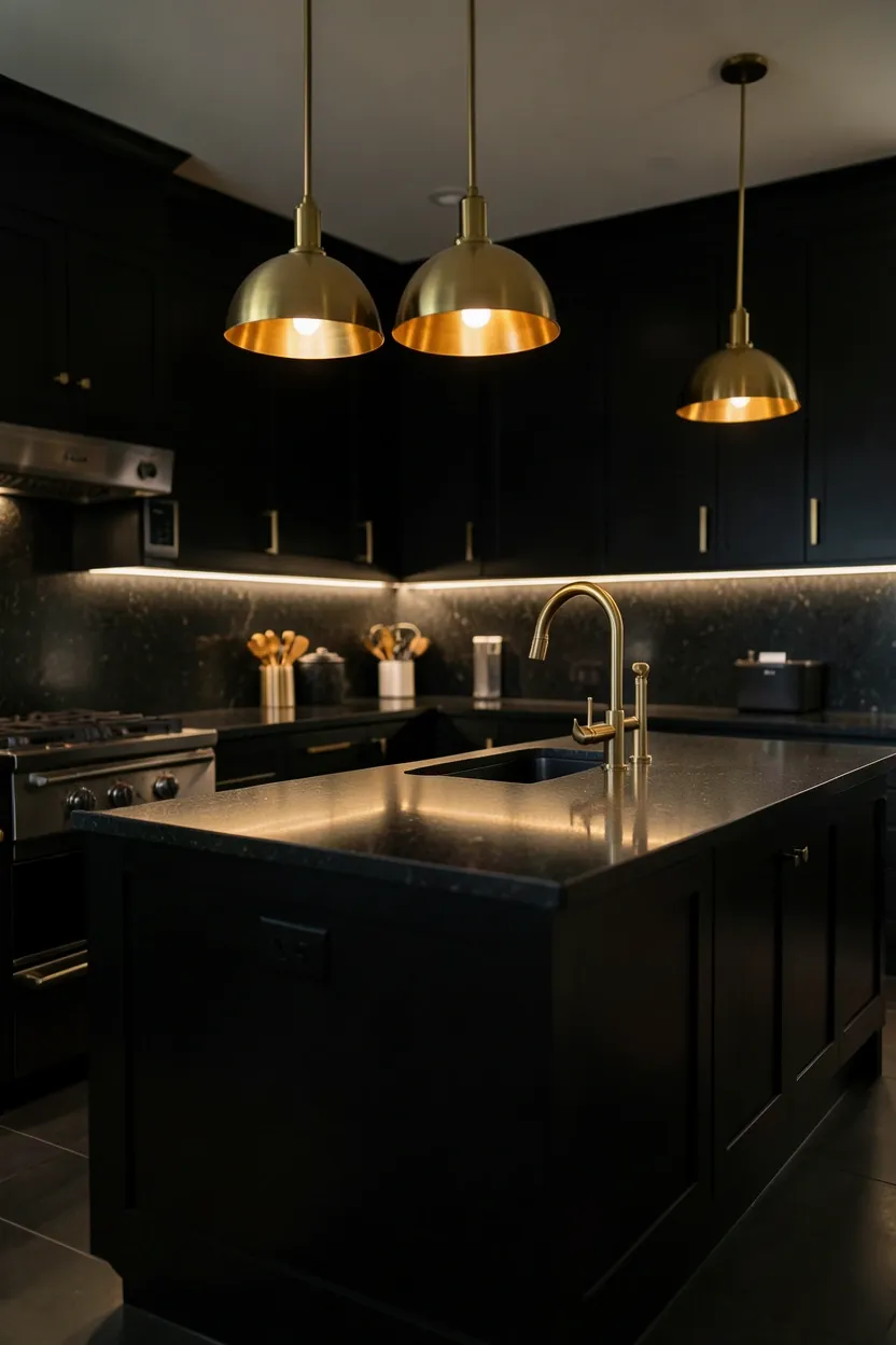 Hyper-realistic eye-level photograph of a fully dramatic moody kitchen with black cabinets, black island, black countertops, brass accents. Warm ambient lighting from brass fixtures creating intimate glow. Materials: matte black finish, honed black granite, unlacquered brass. Dramatic mood. Shallow depth of field, sharp details on brass reflections. No text, no logos, no watermarks.</p>