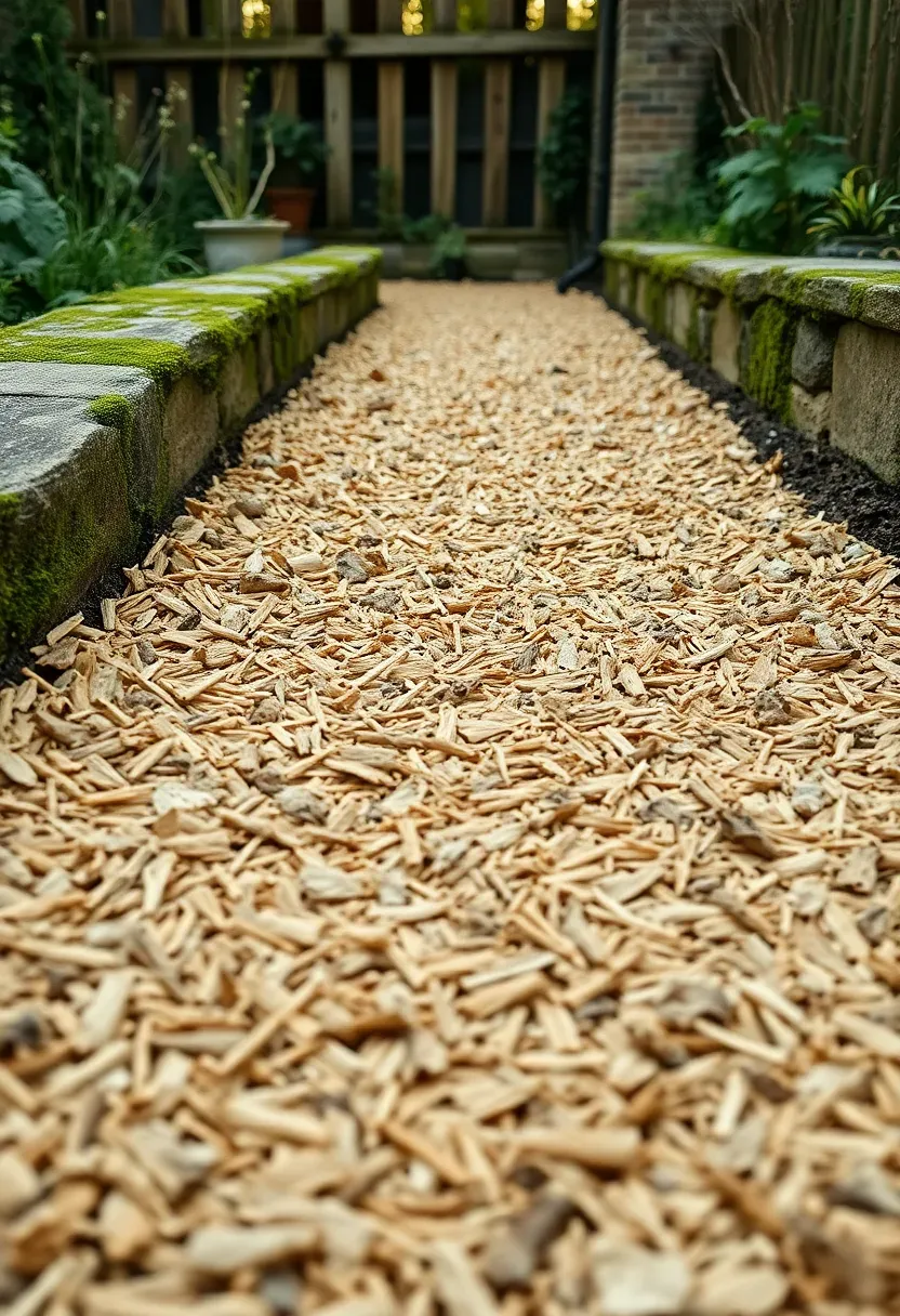 Zero-waste mulch pathway of thick shredded wood chips between planted borders with moss-covered limestone edging