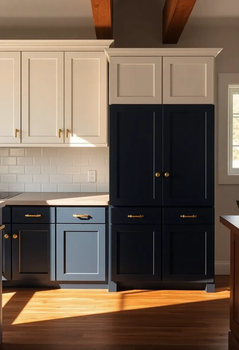 two tone kitchen cabinets with dark navy lowers and white uppers in a barndominium