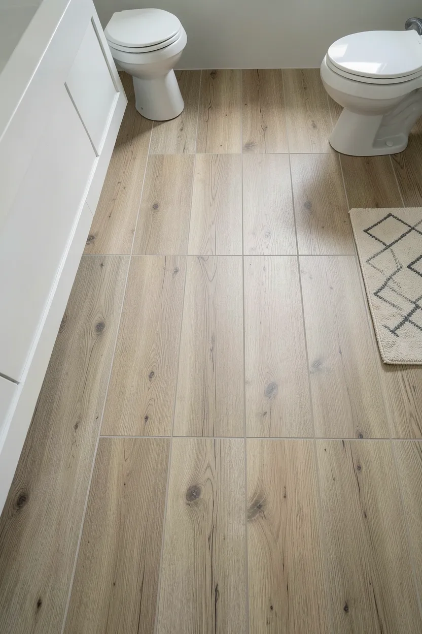 Light oak wood-look porcelain plank tiles in a modern farmhouse bathroom with neutral walls and wood vanity