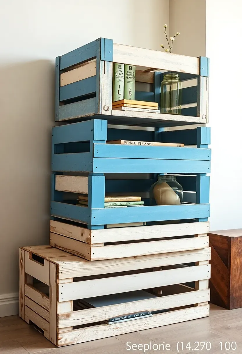 Painted wooden crates stacked as modular storage unit in a teen bedroom — budget-friendly DIY shelving with books and accessories