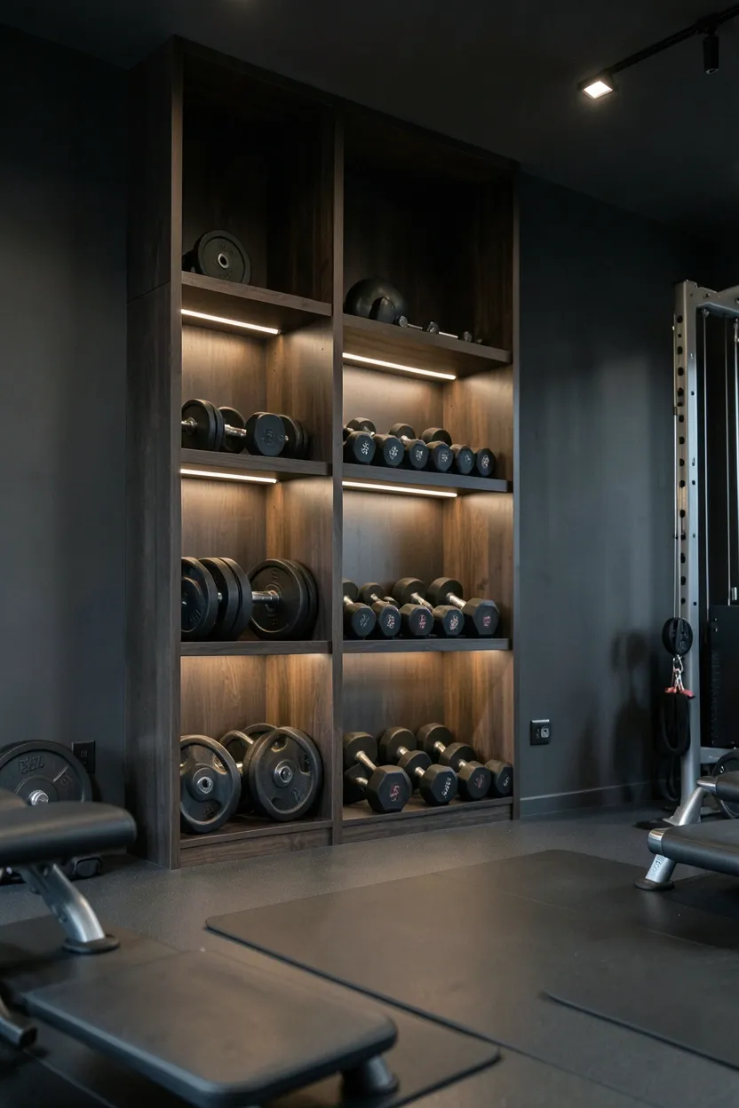 Dark home gym with deep charcoal walls and rich walnut open shelving holding weights and gym accessories