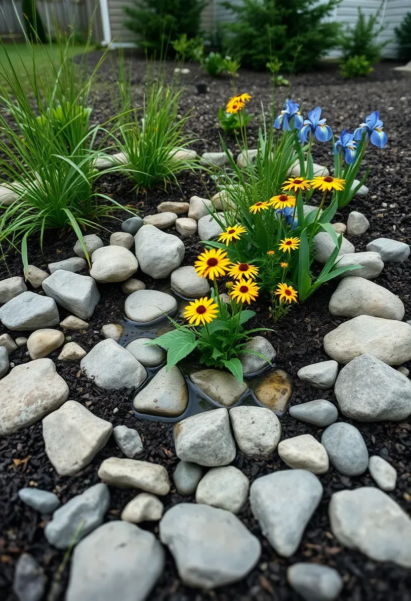 Rain garden with native plants and river stones managing water runoff at the low point of a remodeled backyard