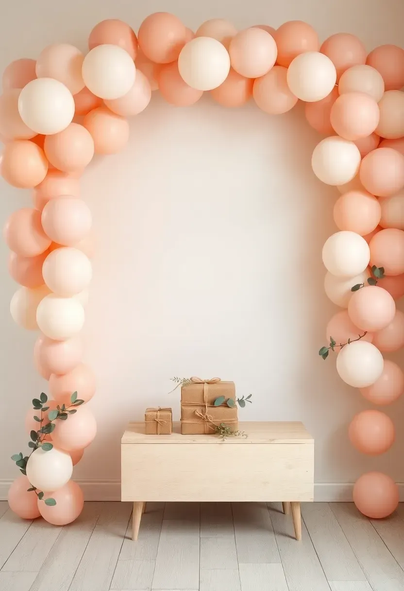 organic balloon garland arch in soft ombre pink peach and cream tones framing a baby shower gift table with wrapped presents and fresh eucalyptus accents