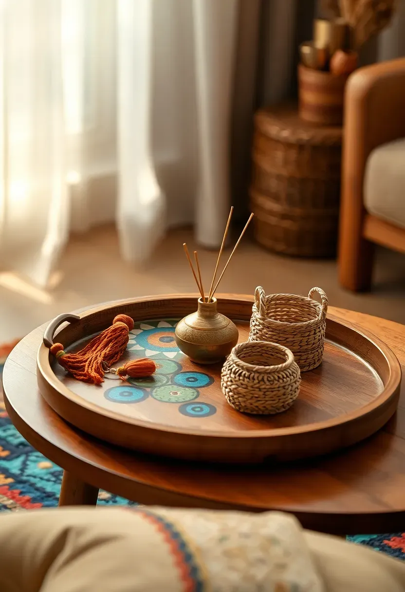 Boho eclectic round tray with mixed textures tassel keychain incense holder and small woven basket