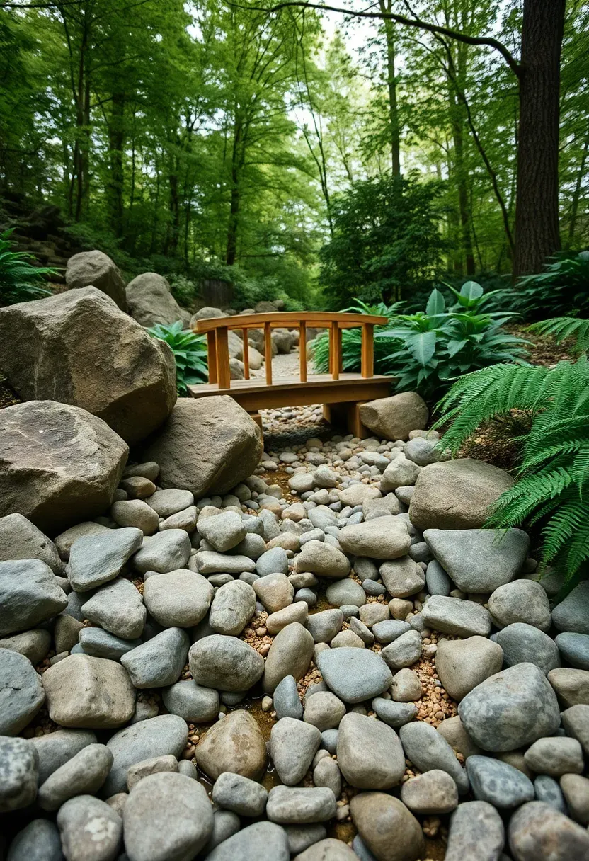 Dry creek bed with river stones and a small wooden footbridge crossing it in a landscaped backyard remodel
