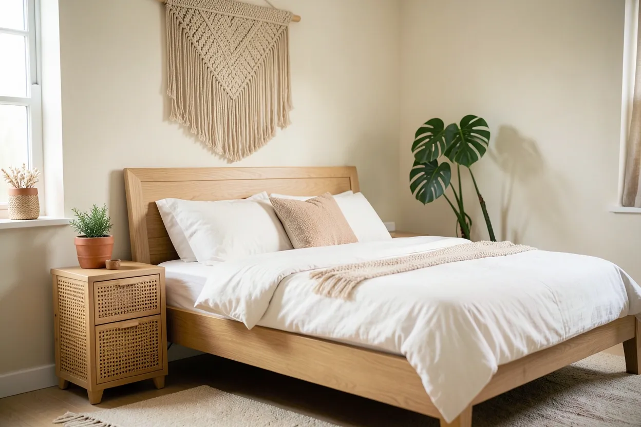 Modern boho bedroom with rattan headboard, layered linen bedding in neutral tones, macrame wall hanging, and potted plants on a wooden shelf