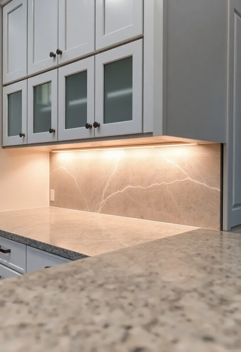 warm gray quartzite slab backsplash with subtle veining in a white kitchen with gray granite countertops and under-cabinet lighting